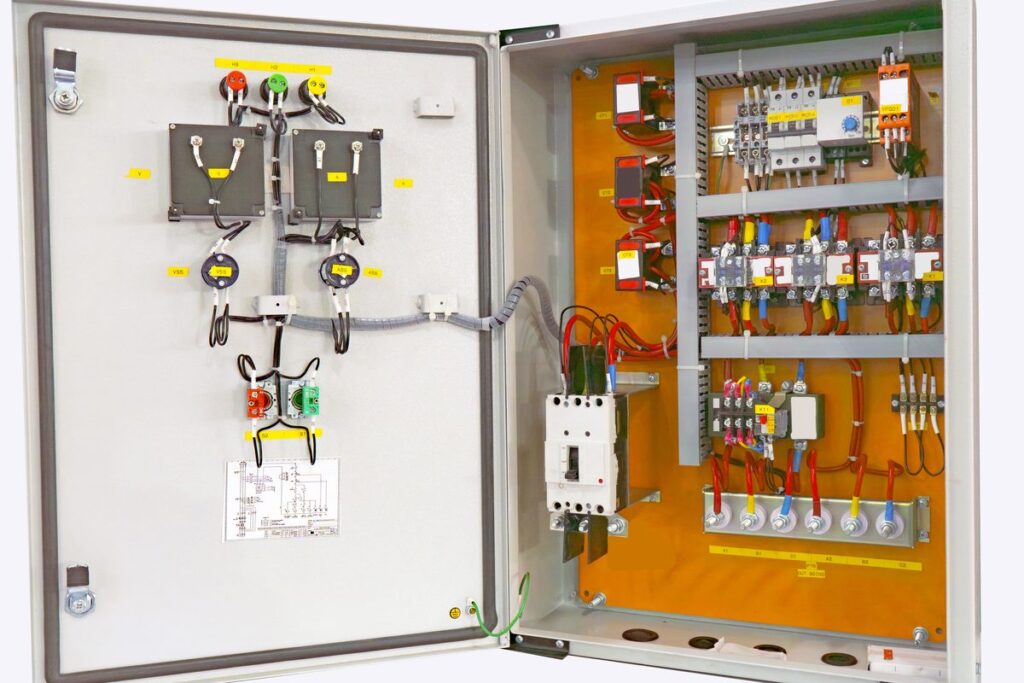 Residential electrical service panel with circuit breakers